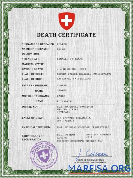 Downloadable Switzerland death certificate PSD template